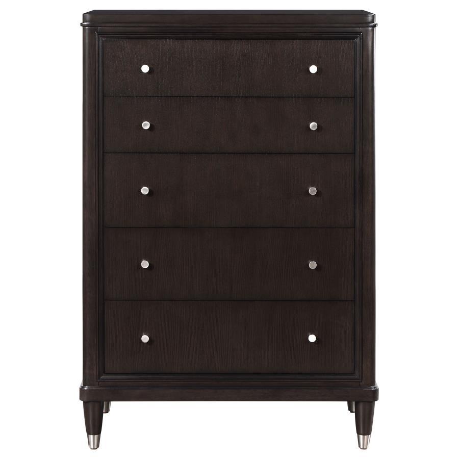 Emberlyn 5-Drawer Bedroom Chest – Brown Finish with Felt-Lined Top Drawer, Cedar-Lined Bottom Drawer & Gleaming Hardware for Stylish Storage