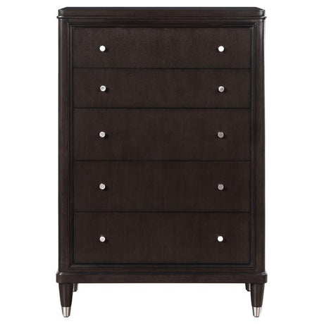 Emberlyn 5-Drawer Bedroom Chest – Brown Finish with Felt-Lined Top Drawer, Cedar-Lined Bottom Drawer & Gleaming Hardware for Stylish Storage