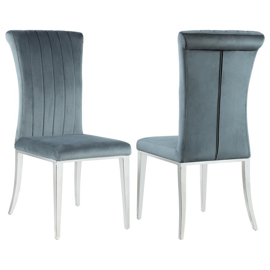 Beaufort 2-Piece Upholstered Dining Side Chair Set – Luxurious Steel Gray Velvet, Vertical Tufting, Cushioned Seat, Rolled Back, Polished Stainless Steel Legs