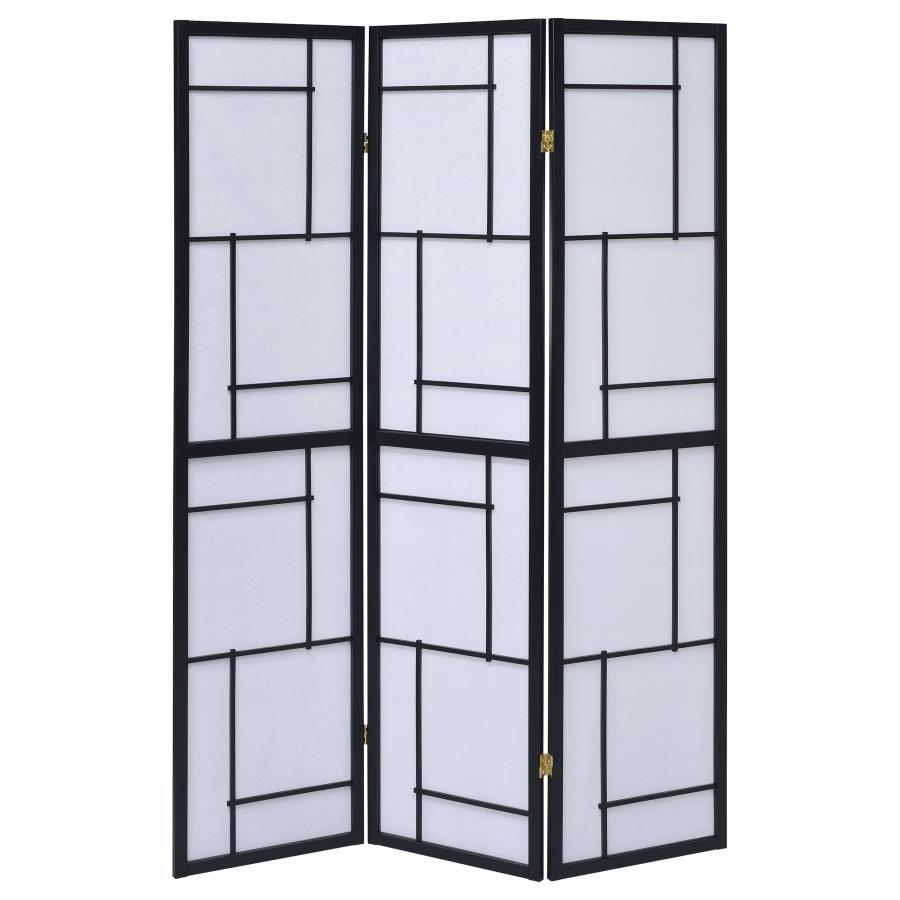 Damis 3-Panel Folding Shoji Screen Room Divider – Black Frame, Geometric Pattern, Adjustable Panels for Privacy, Modern Mid-Century Style