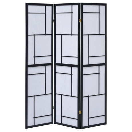 Damis 3-Panel Folding Shoji Screen Room Divider – Black Frame, Geometric Pattern, Adjustable Panels for Privacy, Modern Mid-Century Style