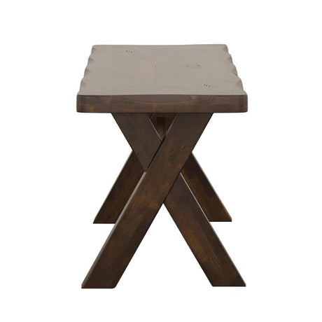 Alston Wood Dining Bench – Knotty Nutmeg Solid Rubberwood, Rustic Trestle Base, Smooth Contoured Seat, Compact Farmhouse Dining Bench