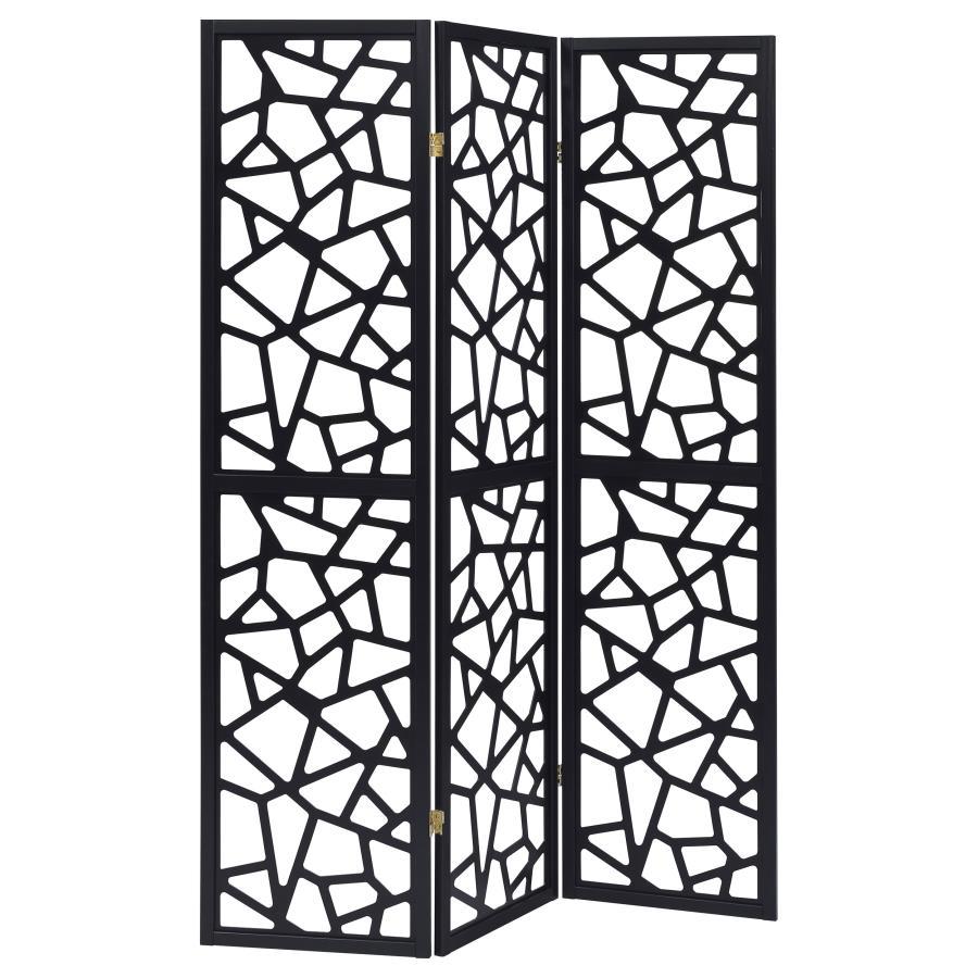 Nailan - 3-Panel Folding Room Divider Screen in Black – Open Mosaic Design, Solid Wood Frame, Modern Mid-Century Style Privacy Partition