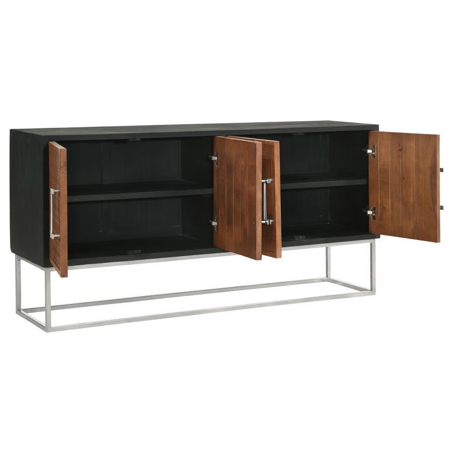 Borman 4-Door Wood Accent Cabinet – Walnut Front Panels with Black Case, Asian-Inspired Design, Iron Frame, Storage Cabinet for Dining Room & Living Room