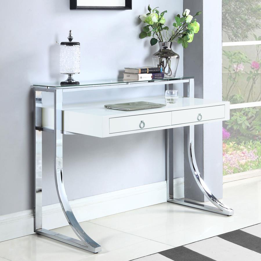 Gemma 2-Drawer Writing Desk – Contemporary White High Gloss Surface with Chrome Legs, Felt-Lined Drawers, Full Extension Glides, Home Office Desk