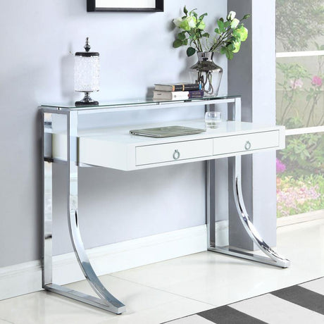 Gemma 2-Drawer Writing Desk – Contemporary White High Gloss Surface with Chrome Legs, Felt-Lined Drawers, Full Extension Glides, Home Office Desk