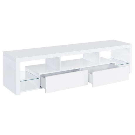 Jude 3 Piece TV Entertainment Center in White High Gloss – Modern Engineered Wood Stand with Glass Shelves, Soft-Close Drawers & Media Towers