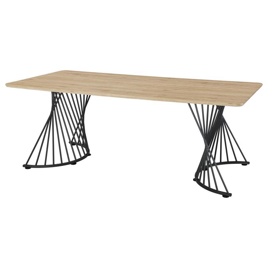 Altus Composite Wood Dining Table – Natural Oak with Twisted Gunmetal Pedestal Bases, Rectangular Rustic Industrial Design, Seats 8