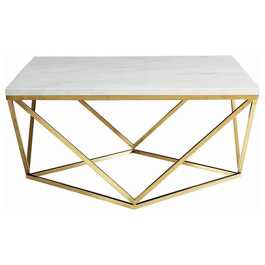 Meryl Square White Faux Marble Coffee Table with Gold Electroplated Metal Frame, Modern Geometric Design, Contemporary Living Room Accent