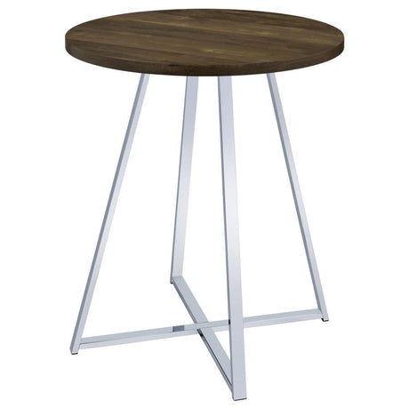 Burkhart Round Pub Height Bistro Bar Table – Brown Oak Top with Chrome X-Base, Modern Rustic Design, Compact Round Table for Home Bars & Entertainment