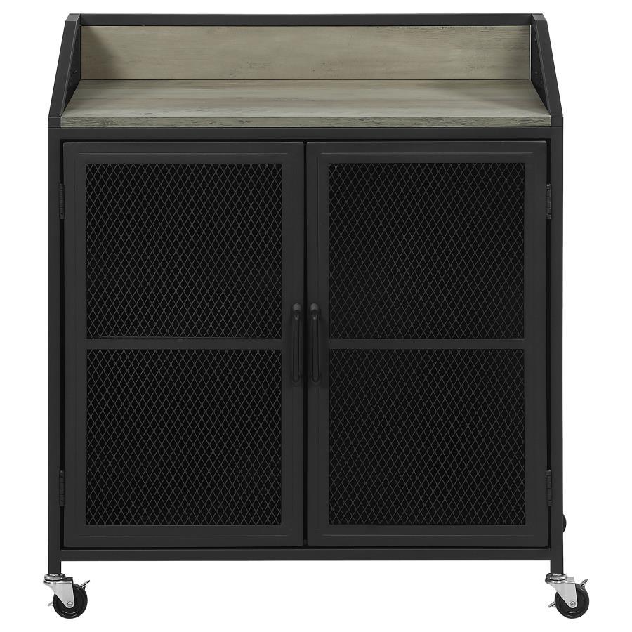 Arlette 2 Door Mobile Home Bar Wine Cabinet – Sandy Black Steel Frame with Rolling Casters, Wire Panel Doors, Stemware Storage, and Industrial Charm