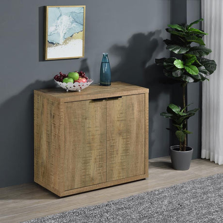 Pepita 2-Door Engineered Wood Accent Cabinet – Mango Brown Finish, Rustic Industrial Design, Adjustable Shelves, Central Divider, Compact Storage