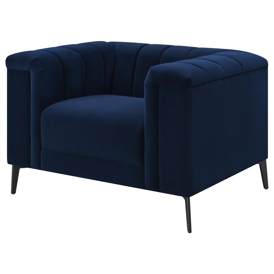 Chalet Upholstered Tuxedo Arm Tufted Chair – Navy Blue Velvet with Deep Vertical Channels & Black Metal Legs