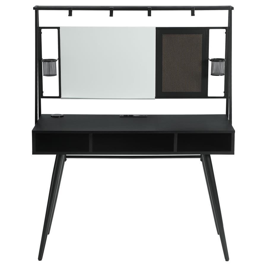 Jessie - Writing Desk with Whiteboard, USB Ports, AC Outlet, Wireless Charger – Modern Black Workspace with Storage Shelves and Organizer Hooks