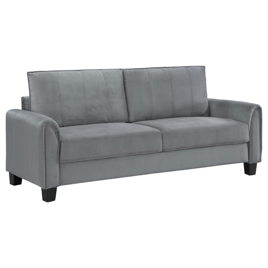 Davis Upholstered Rolled Arm Sofa – Gray Velvet-Like Fabric, Reversible Back Cushions, Pleated Arms, Block Feet, Modern Living Room Sofa