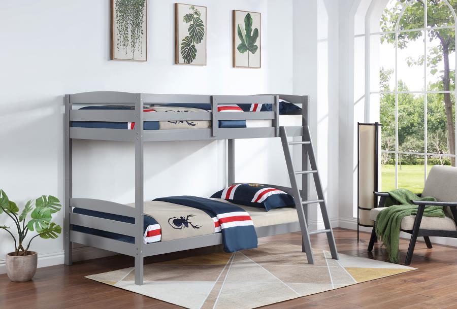 Rhea Wood Twin Over Twin Bunk Bed with Safety Rails, Ladder, Slatted Headboards, Modern Gray Finish, Durable Kids and Guest Room Furniture