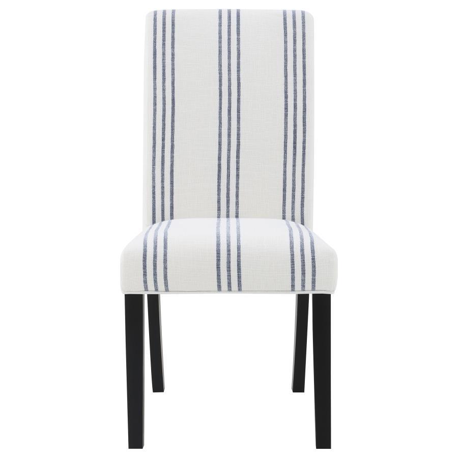 Herran Upholstered Dining Side Chair Set of 2 – Beige Linen-Like Fabric with Subtle Blue Stripes and Asian Hardwood Frame for Modern Farmhouse & Transitional Dining
