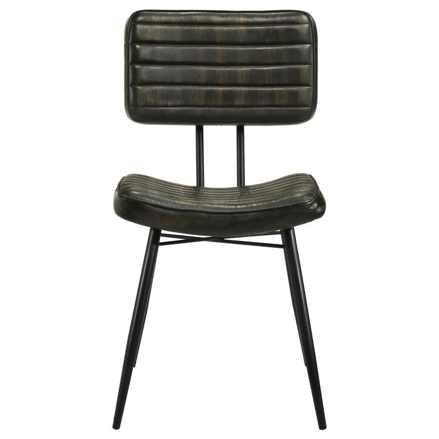 Misty Leather Upholstered Dining Chair Set of 2 - Espresso Goat Leather, Vertical Tufted Back, Padded Seat, Black Metal Legs, Industrial Rustic Style