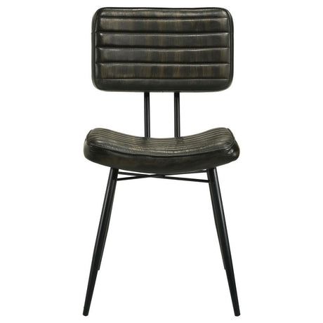 Misty Leather Upholstered Dining Chair Set of 2 - Espresso Goat Leather, Vertical Tufted Back, Padded Seat, Black Metal Legs, Industrial Rustic Style