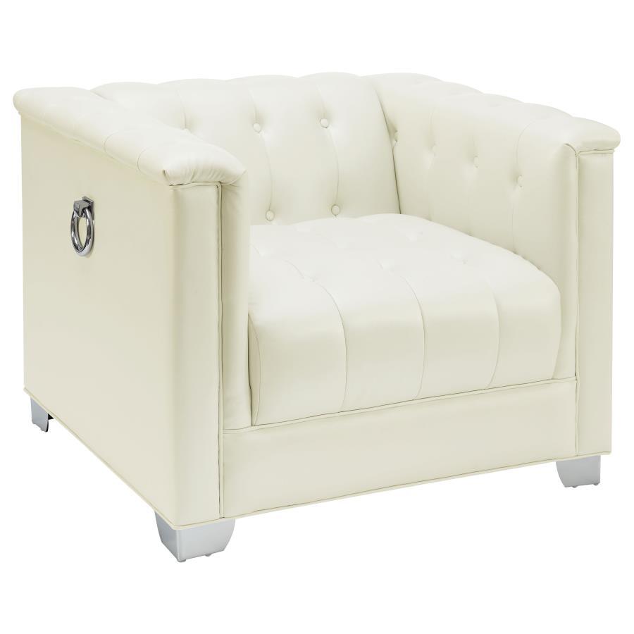 Chaviano Upholstered Track Arm Accent Chair in Pearl White – Modern Tuxedo Silhouette with Deep Button Tufting, Chrome Legs & Decorative Doorknockers