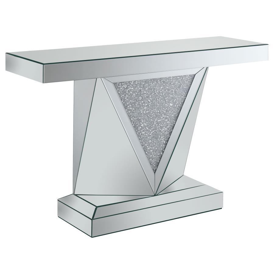 Amore Mirrored Acrylic Entryway Sofa Console Table in Silver – Modern Geometric Design with Crystal Inlay and Reflective Surfaces