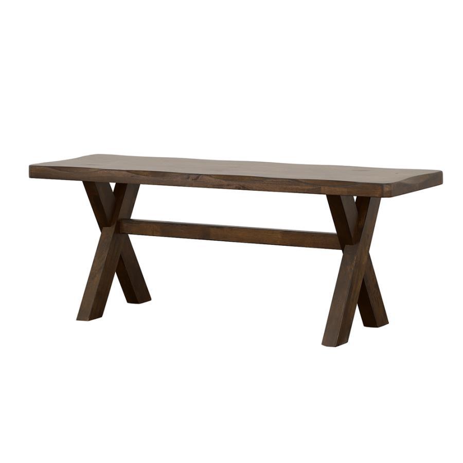 Alston Wood Dining Bench – Knotty Nutmeg Solid Rubberwood, Rustic Trestle Base, Smooth Contoured Seat, Compact Farmhouse Dining Bench
