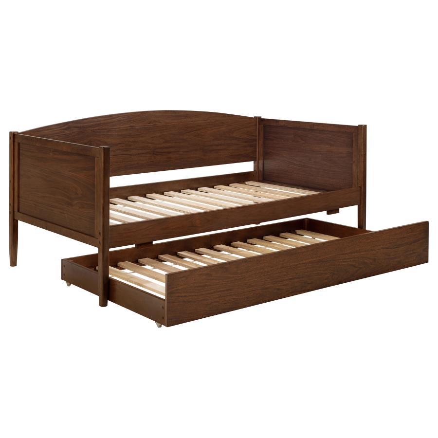 Bozeman Wood Twin Daybed With Trundle – Medium Walnut Finish, Camelback Silhouette, Square Tapered Legs, Durable Hardwood and MDF Construction
