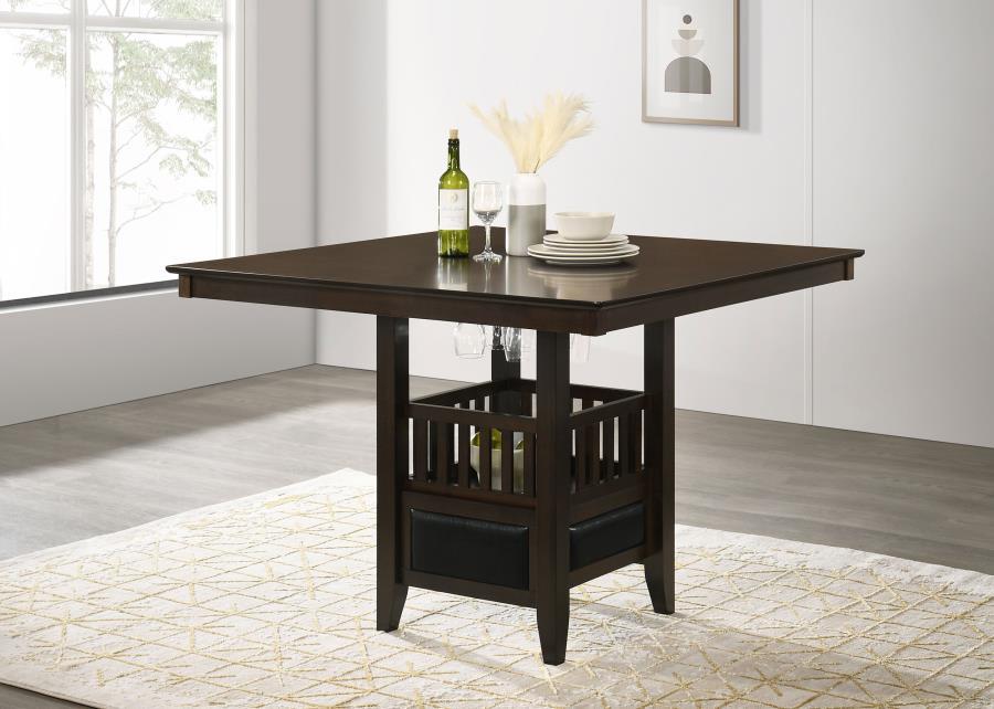 Jaden Square Counter Height Dining Table in Espresso – Sleek Slatted Wood Design with Center Cabinet, Wine Glass Holder & Spacious Dining Surface