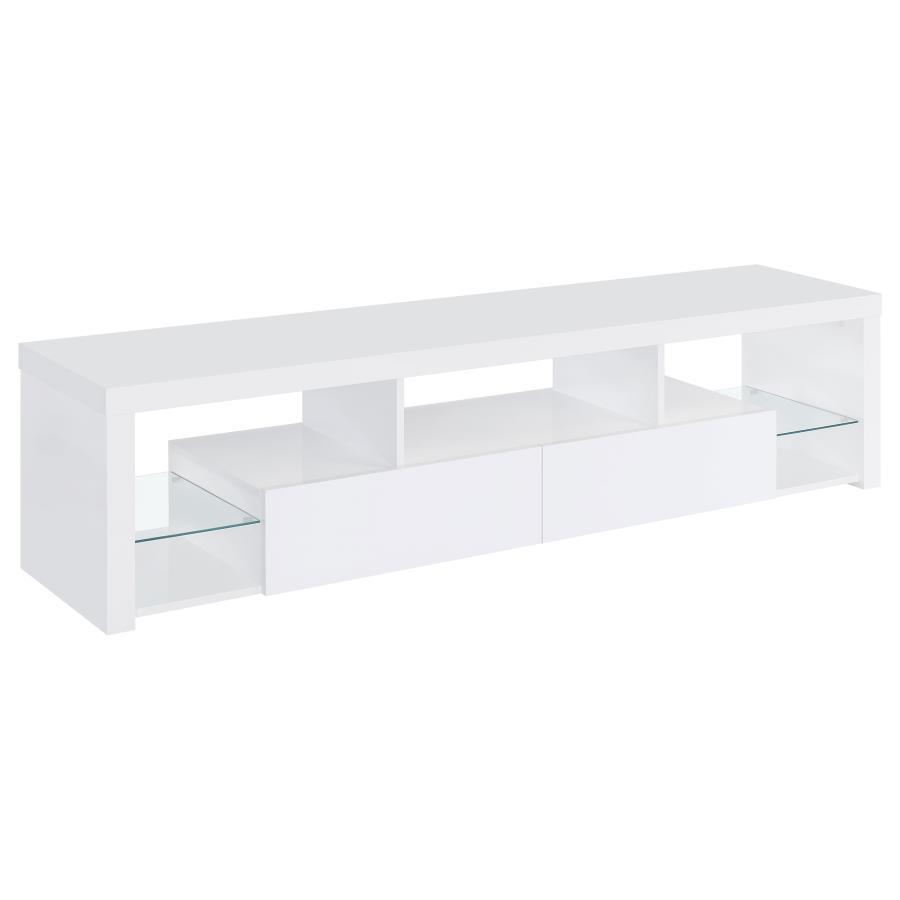 Jude 2-Drawer TV Stand in High Gloss White – Modern Engineered Wood Media Console with Glass Shelves, Soft-Close Drawers & Ample Storage