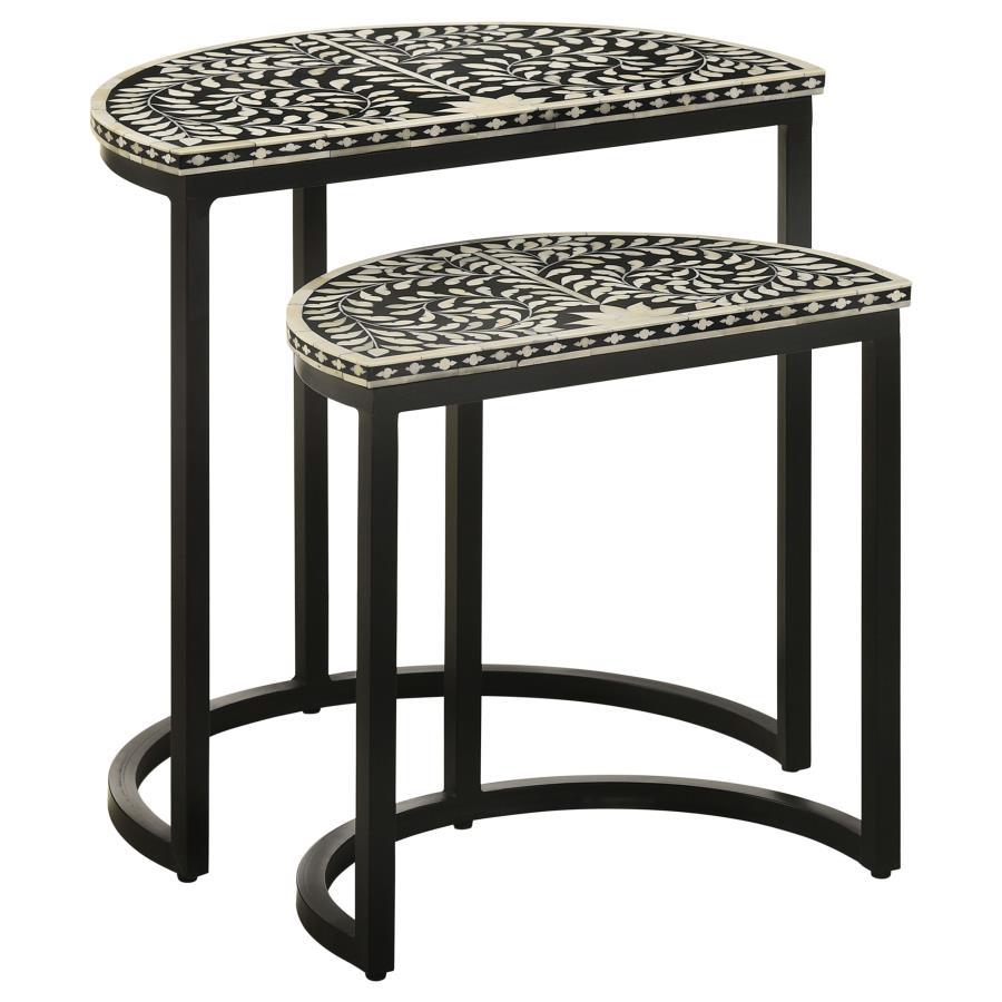 Zakiya 2-Piece Demilune Nesting Table Set in Black & White – Semi-Circle Accent Tables with Bone Inlay, Iron Base, Stylish Living Room Décor