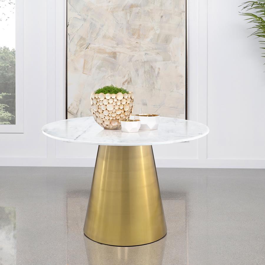 Ambrose Round Marble Top Dining Table – 50" Elegant White Marble with Light Grey Veining, Brushed Gold Pedestal Base for Luxurious Modern Dining