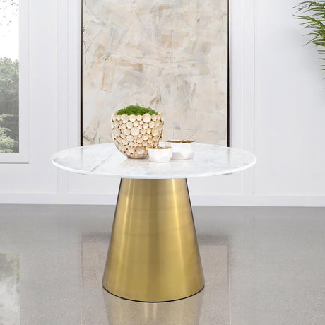 Ambrose Round Marble Top Dining Table – 50" Elegant White Marble with Light Grey Veining, Brushed Gold Pedestal Base for Luxurious Modern Dining