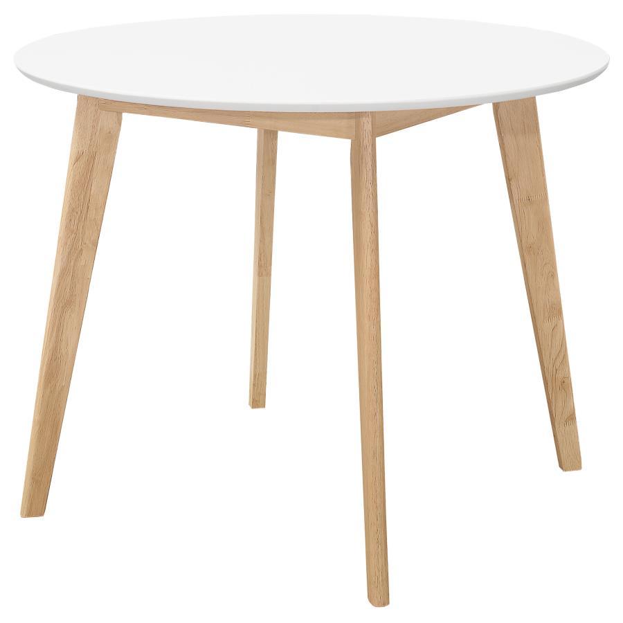 Breckenridge Round Dining Table – Matte White Top with Natural Wood Base, Mid-Century Modern Angled Legs, Metal & Solid Wood Construction