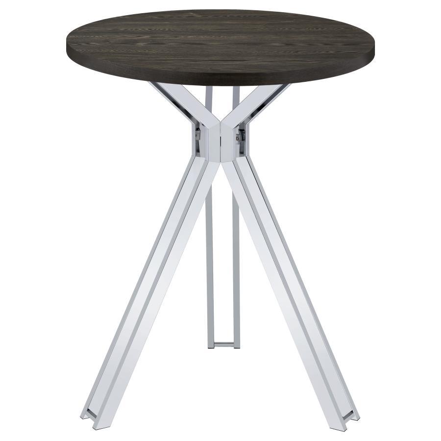 Edgerton Round Pub Height Bistro Bar Table in Dark Oak – Contemporary Rustic Design with Polished Chrome Pedestal Base for Game Rooms & Bars