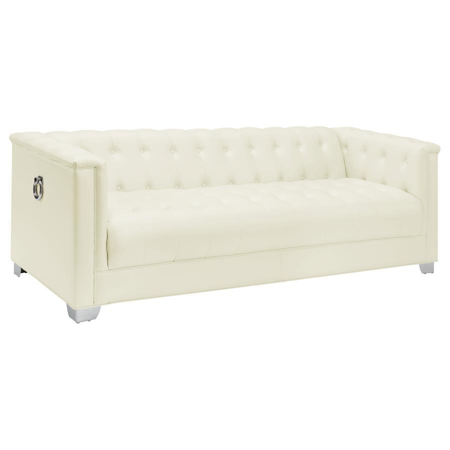 Chaviano Upholstered Track Arm Sofa in Pearl White Leatherette with Chrome Tufted Detailing, Modern Glam Living Room Statement Seating