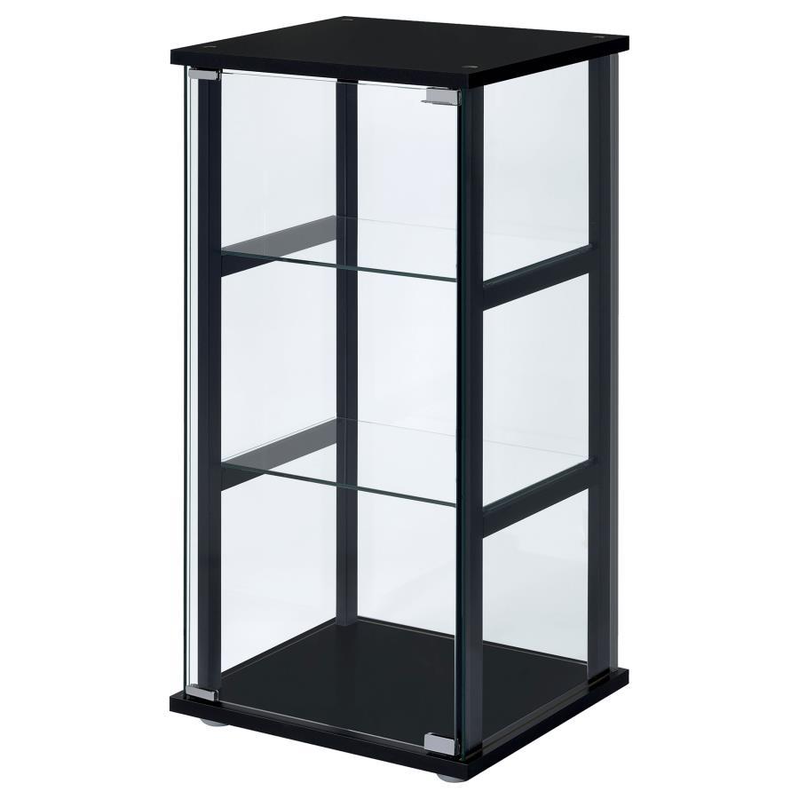 Cyclamen 3-Shelf Clear Glass Curio Display Cabinet in Black – Modern Tempered Glass Shelving with Push-to-Open Doors for Elegant Home Decor