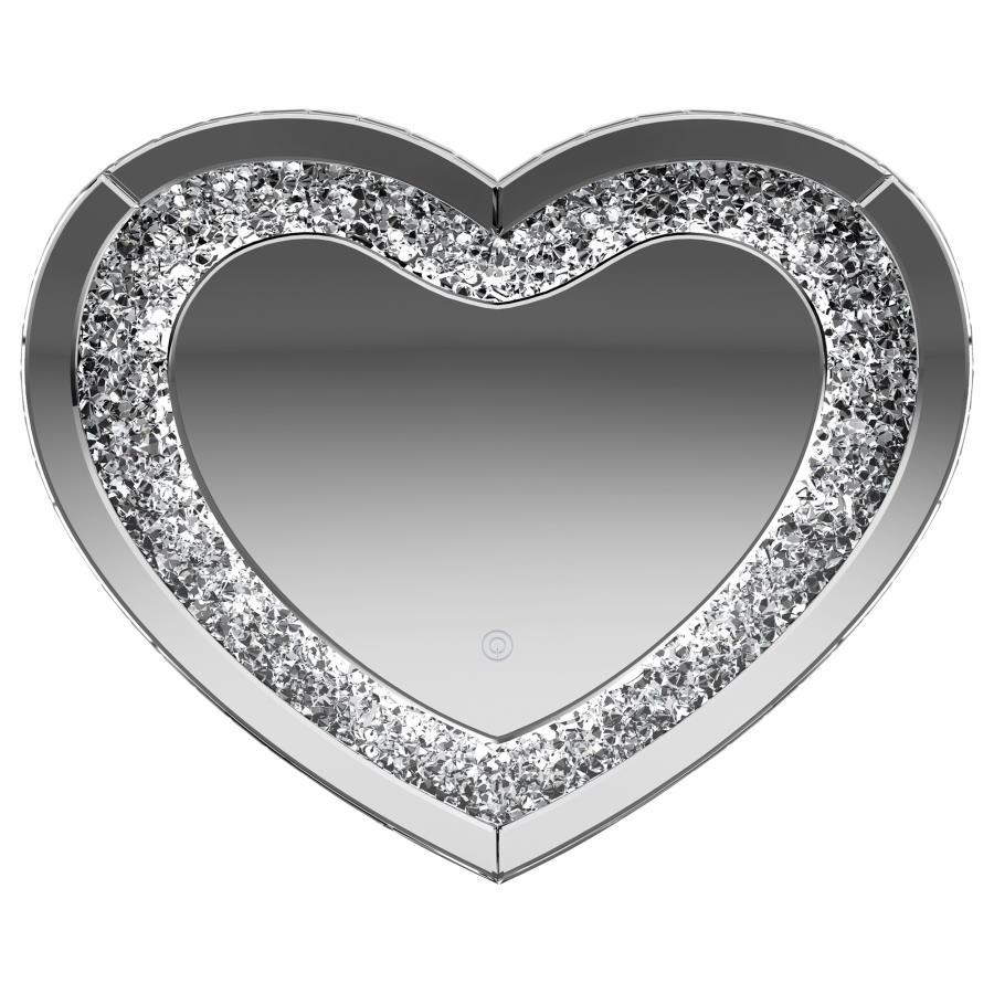 Aiko Heart Shaped LED Light Wall Mirror – Silver with Faceted Crystal Inlay, Smoky Glass Finish, Glam Accent for Bedroom, Vanity, or Dressing Area