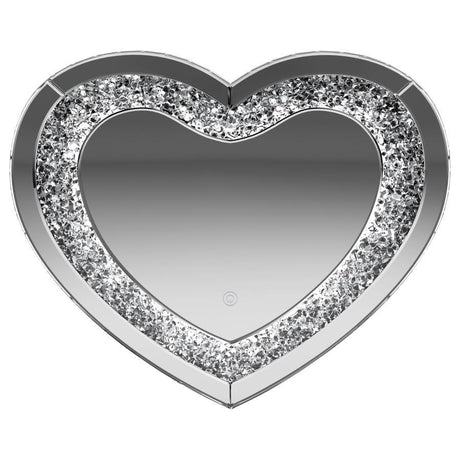 Aiko Heart Shaped LED Light Wall Mirror – Silver with Faceted Crystal Inlay, Smoky Glass Finish, Glam Accent for Bedroom, Vanity, or Dressing Area
