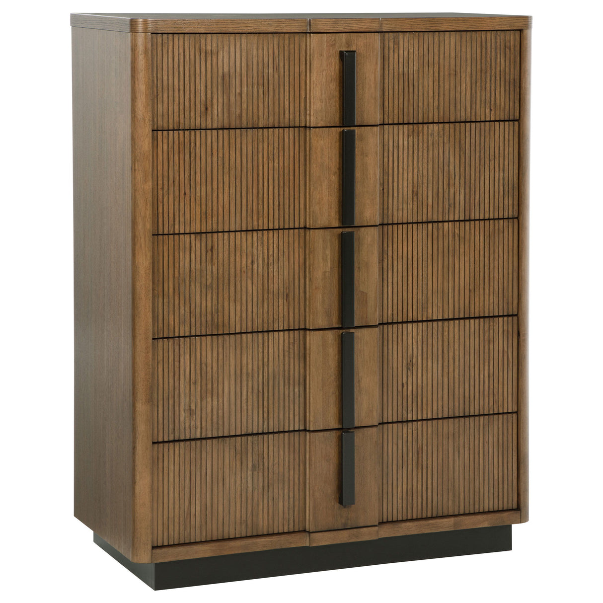 Terrace 5-Drawer Chest of Drawers – Ash Brown Finish, Vertical Fluted Fronts, Metal Glides, and Durable Dovetail Construction