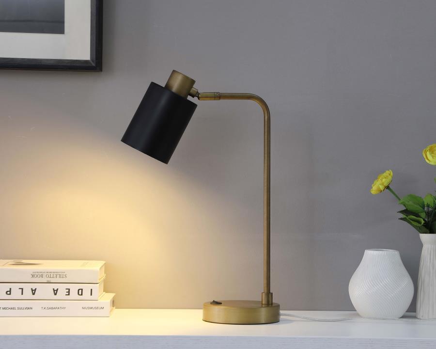 Cherise Adjustable Angle Table Lamp – Antique Brass Metal Finish with Matte Black Shade, LED 2W Bulb, Energy-Efficient Task Lighting for Desk or Nightstand