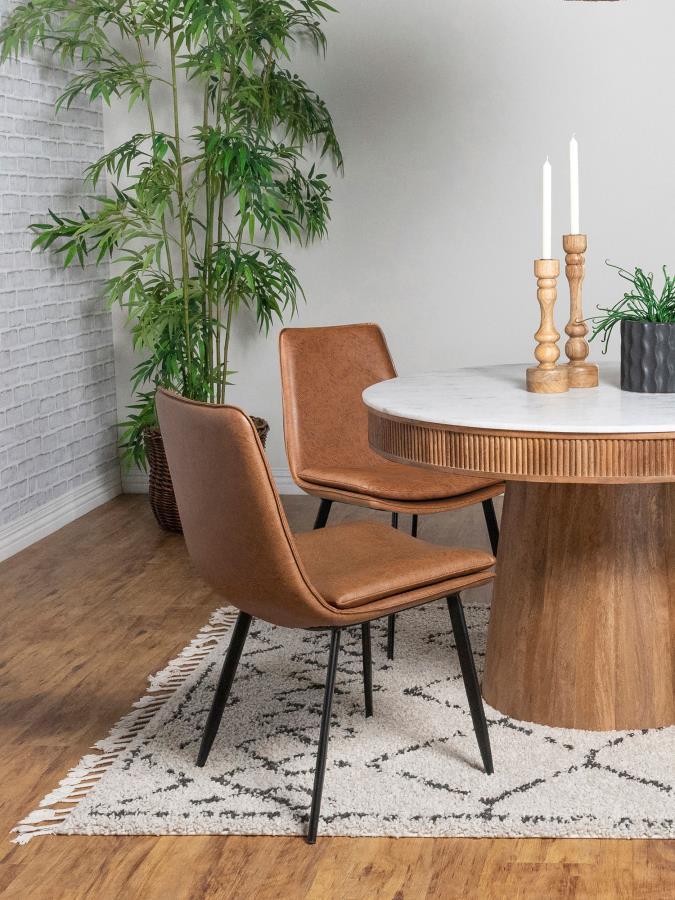 Ortega Upholstered Dining Side Chairs Set of 2 - Coffee Faux Leather, Armless Design, Padded Seat, Black Metal Tapered Legs, Modern Transitional Style