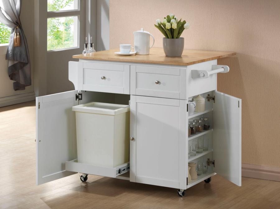 Jalen 3-Door Mobile Kitchen Cart with Butcher Block Top, Towel and Spice Racks, Storage Cabinet, and Casters – Natural Brown and White