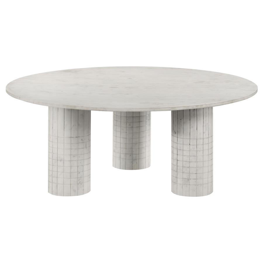 Astoria Round Genuine White Marble Coffee Table – Avant-Garde Design with Triple Cylindrical Pedestal Base