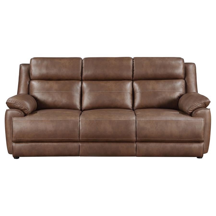 Ellington Upholstered Padded Arm Sofa, Faux Leather, Pillowtop Arms, Pocket Coil Seating, Plush Cushions, Dark Brown, Transitional Living Room Sofa