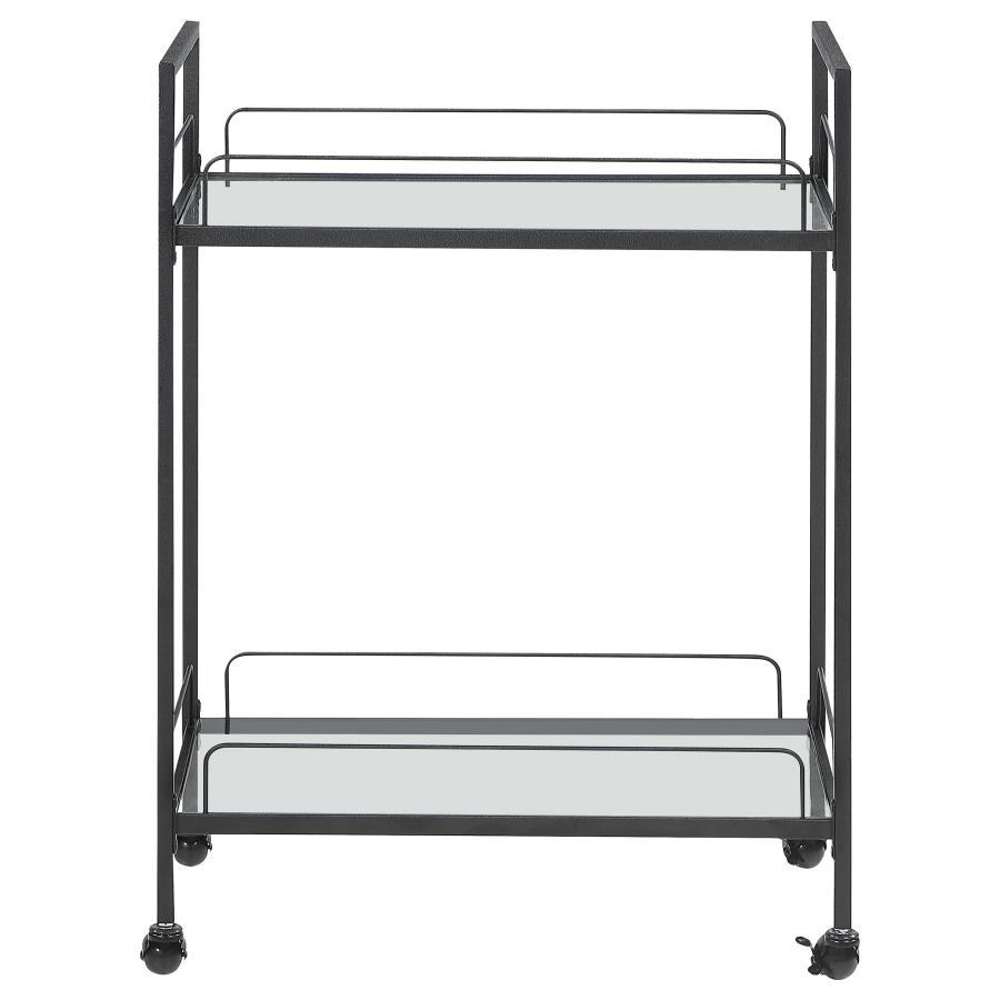 Curltis 2-Tier Rectangular Glass Shelf Metal Bar Cart – Black Hammered Powder-Coated Frame, Caster Wheels, Tempered Glass Shelves for Entertaining