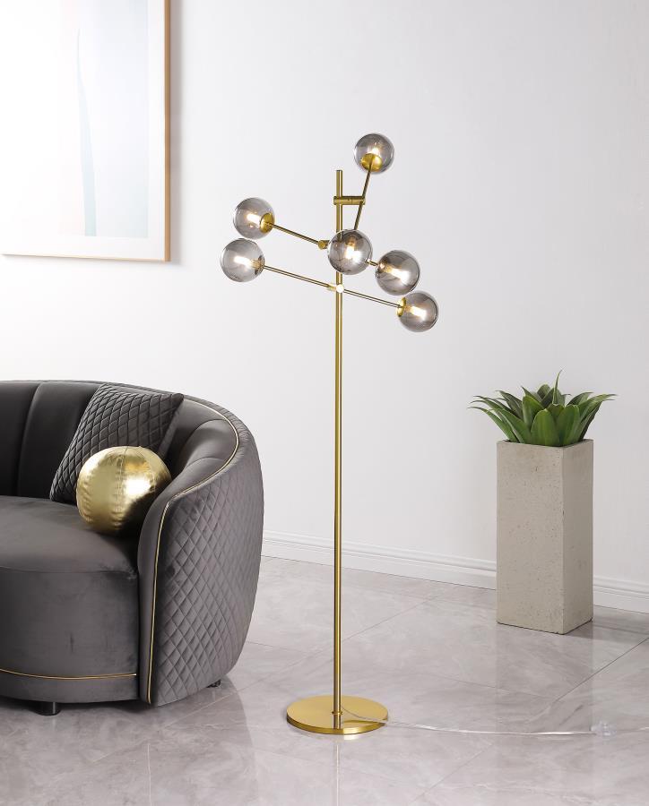 Exline Molecular Smoked Orb Metal Floor Lamp – Gold Sputnik Design, LED Energy-Efficient Lighting, Foot Switch, Modern Orb Accent Lamp for Living Room