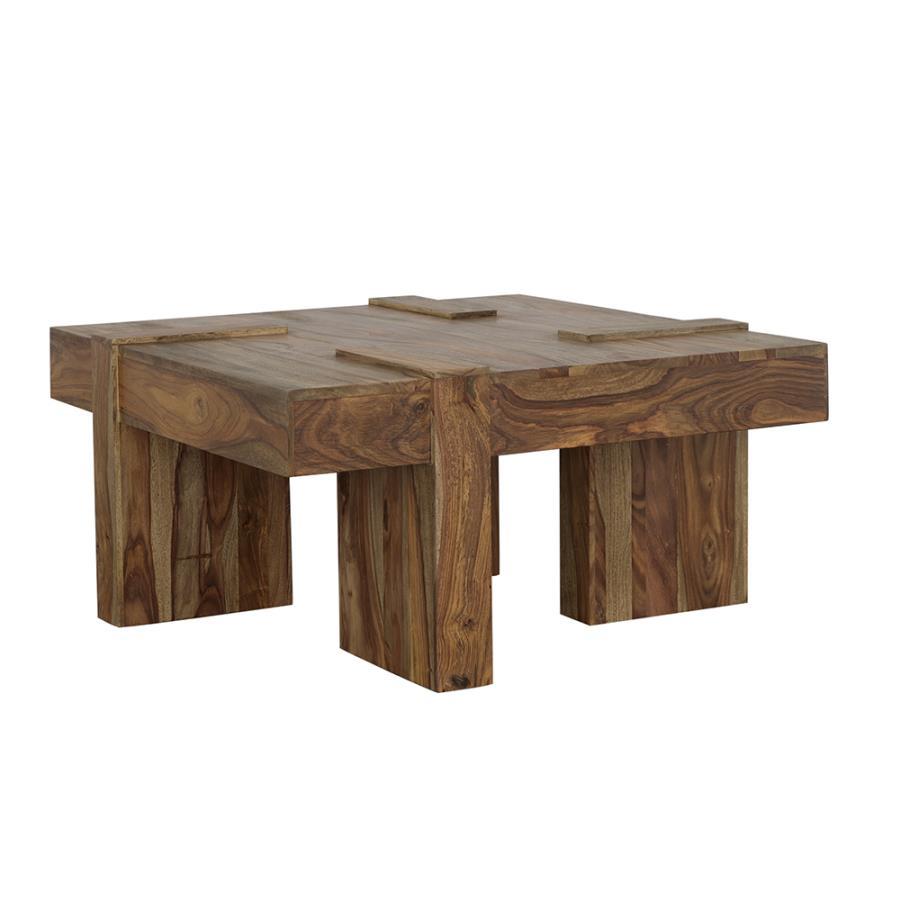 Samira - Square Solid Wood Coffee Table in Natural Sheesham – Modern Farmhouse Cocktail Table with Geometric Base for Living Room Centerpiece