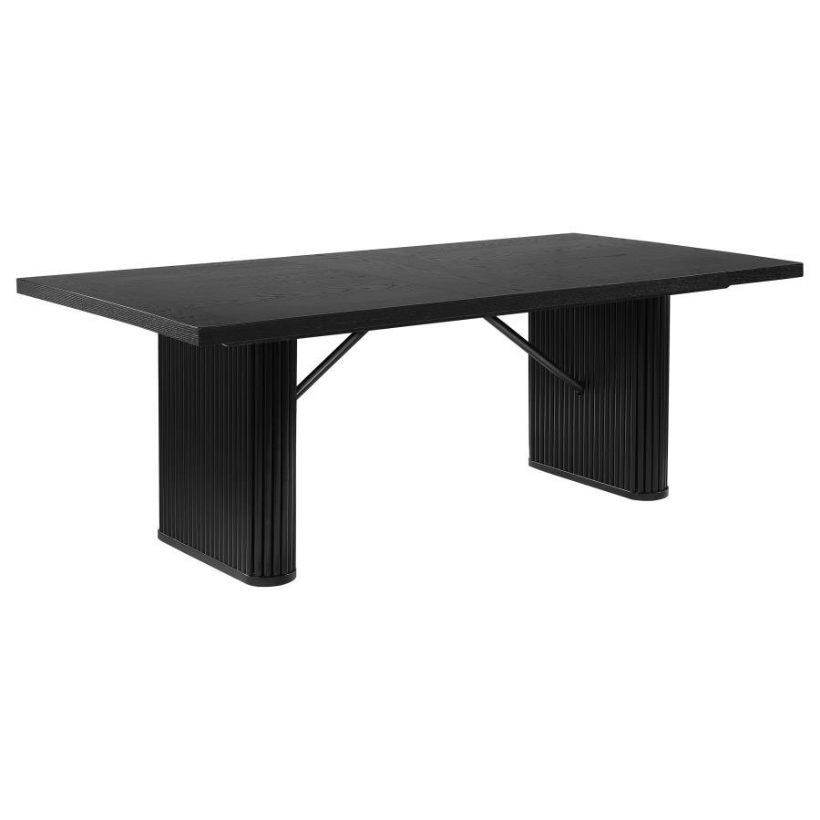 Catherine Rectangular Wood Dining Table in Sleek Black Finish with Elegant Oak Veneer Top, Fluted Tambour Pedestal Base for Modern Luxury Dining Spaces
