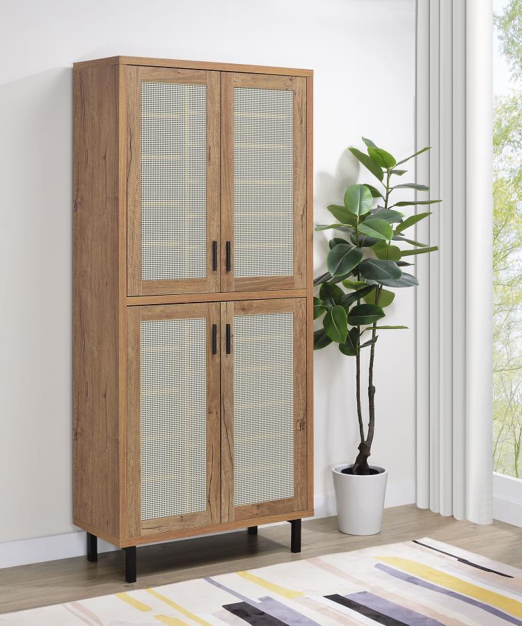 Teller - 4-Door Tall Shoe Storage Cabinet - Natural Oak Finish with Metal Mesh Doors, Adjustable Shelves & Sturdy Black Metal Legs