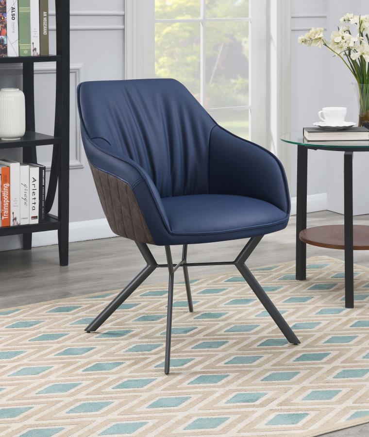 Mayer Upholstered Dining Arm Chair Set of 2 – Blue Leatherette & Brown Back, Diamond-Quilted, Sloped Arms, Gunmetal Legs, 32.34 lb